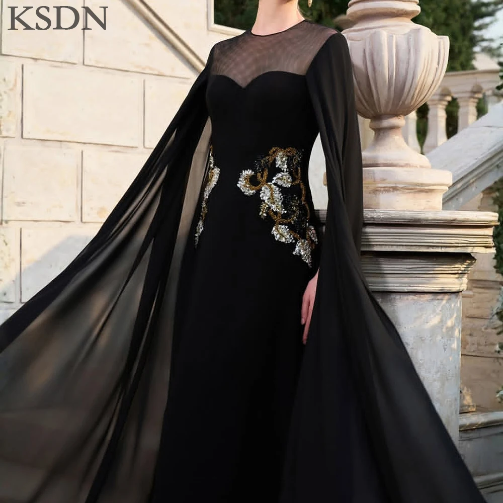 KSDN Black Evening Dresses Elegant O-Neck Cap Long Sleeve Gowns Chapel Train Tulle Appliques Luxury Celebrity Dress