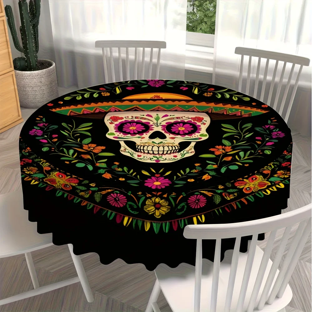 A round tablecloth featuring a skeleton theme for Dia de los Muertos, specially designed for an artistic dining settingzyc
