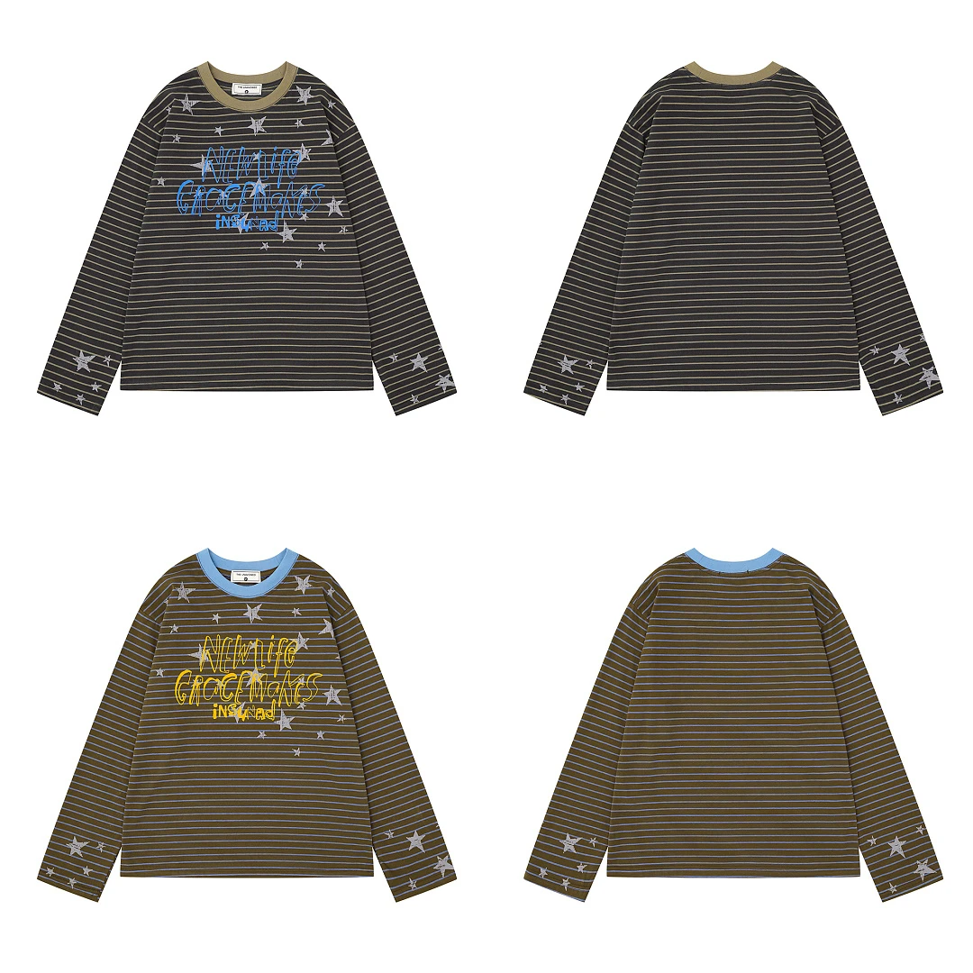 Retro Unisex Multicolor Striped Fabric Contrast Neckline Tiny Embroidered Motif Loose Casual Long Sleeve Daily Wear Top
