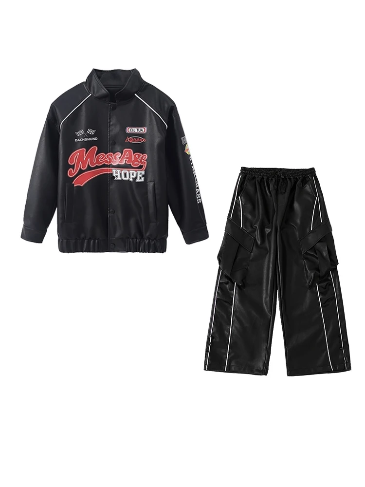 Vêtements Hip Hop Cool pour adolescents, veste en cuir noir, pantalon, tenues de danse de rue amples, spectacle de tambour, Costumes de danse de rupture BL17805