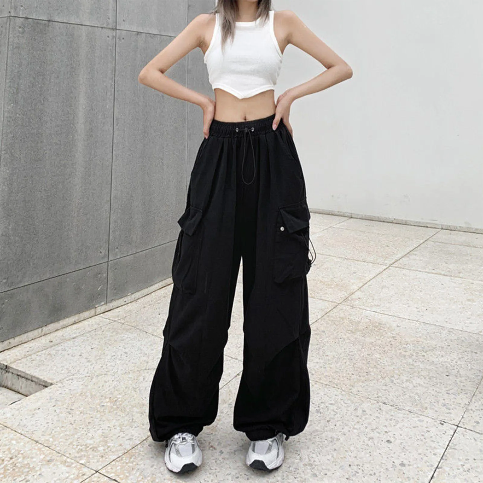 

2024 Women Y2K Cargo Pants Solid Low Waist Joggers Tech Pants Drawstring Wide Leg Baggy Hip Hop Trousers Streetwear Sweatpants