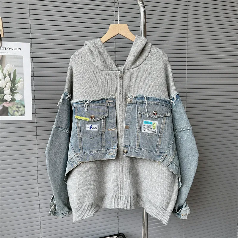 Denim Spliced Sweater Jacket Women Cardigan Hoodies Pocket Zipper Fashion Autumn Winter Casual Knitted Sweaters Coat Female