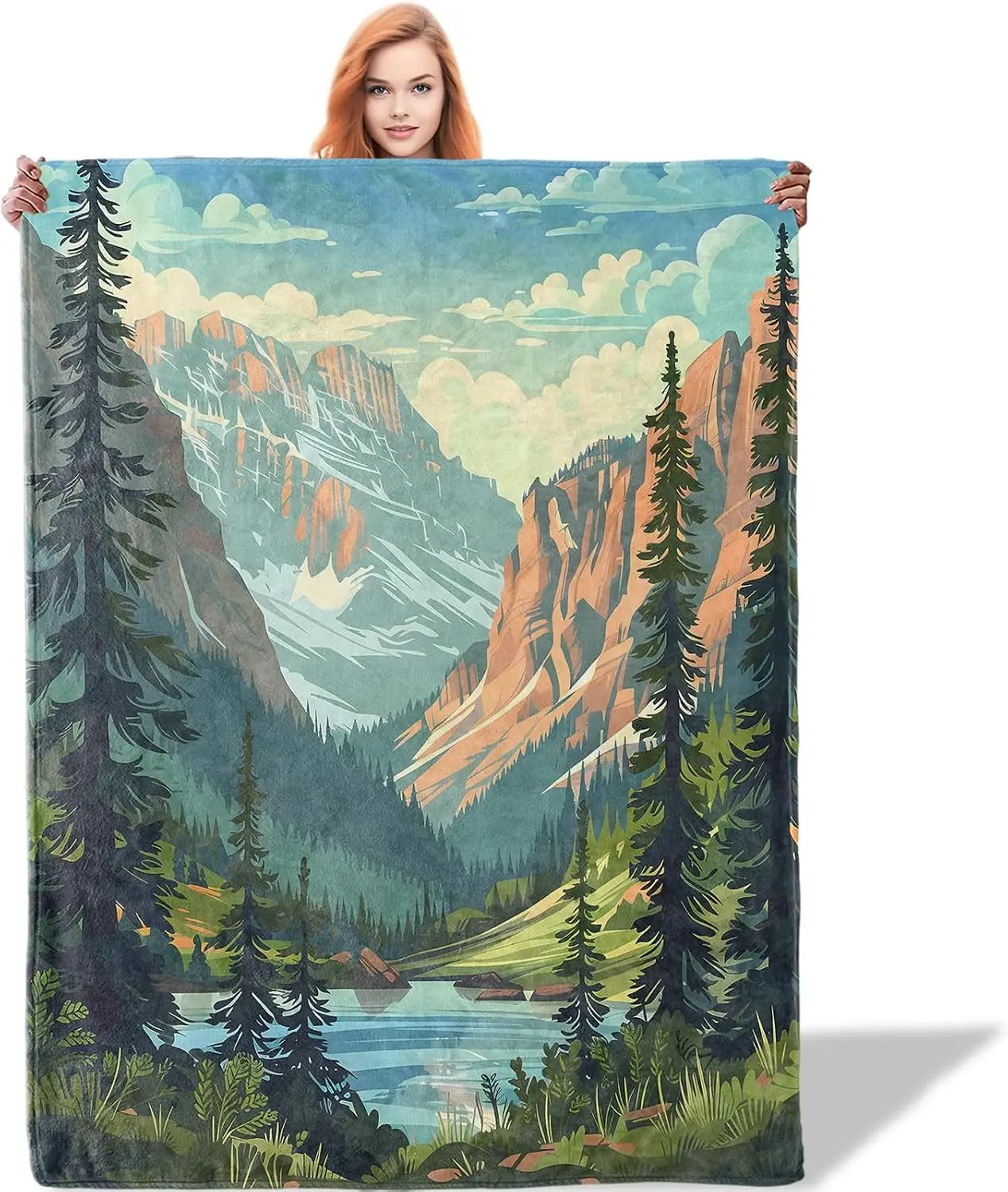 Retro Mountain Cliff Pine Forest Clear Lake Cloud Sky Flannel Throw Blanket, Soft Warm Sofa Cover, Nature Gift For Bedroom Daily