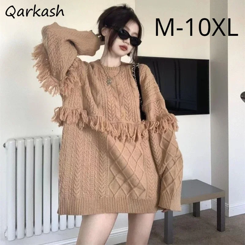 

Knitted Twist Loose Pullovers Women Long Autumn Winter Slouchy Tassel New Design O-neck Panelled Ulzzang All-match Female Mujer