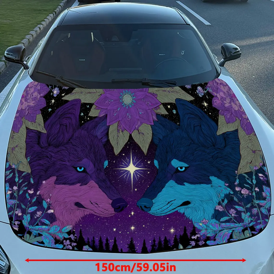 Dreamy Purple - Hued Star - Cluster Twin Wolves Pattern car hood stickers, waterproof self-adhesive, scratch resistant, easy to