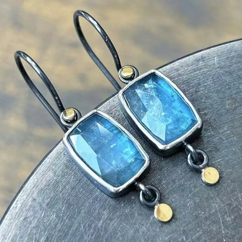 European Retro Geometric Blue Stone Earrings, Minimal Elegant Versatile Unique Fashion Jewelry For Women Daily Wear