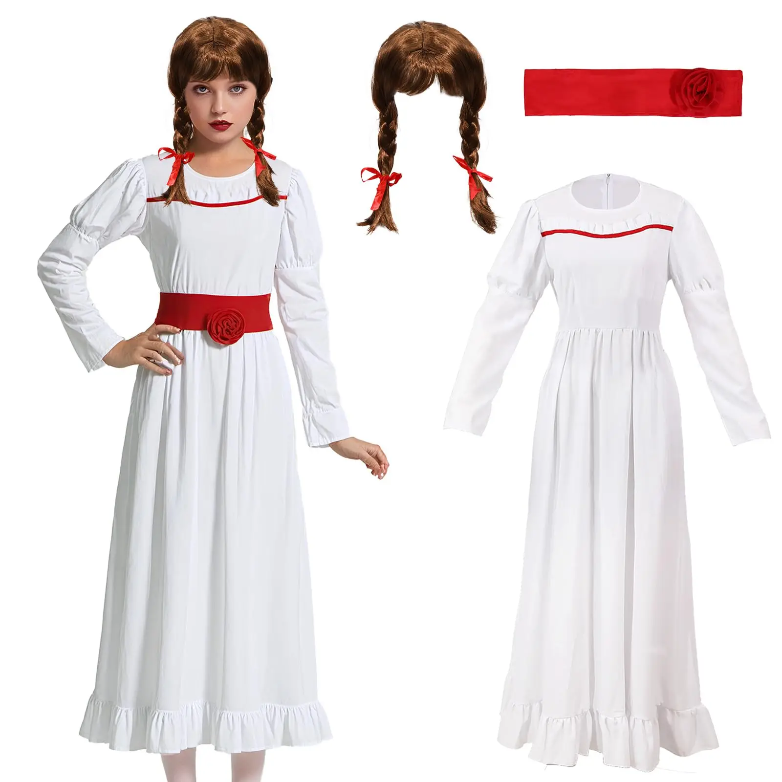 

Halloween Scary Annabelle Costume Horror Movie White Dress Braided Wig Waistband Creepy Cosplay Costume for Women Adult