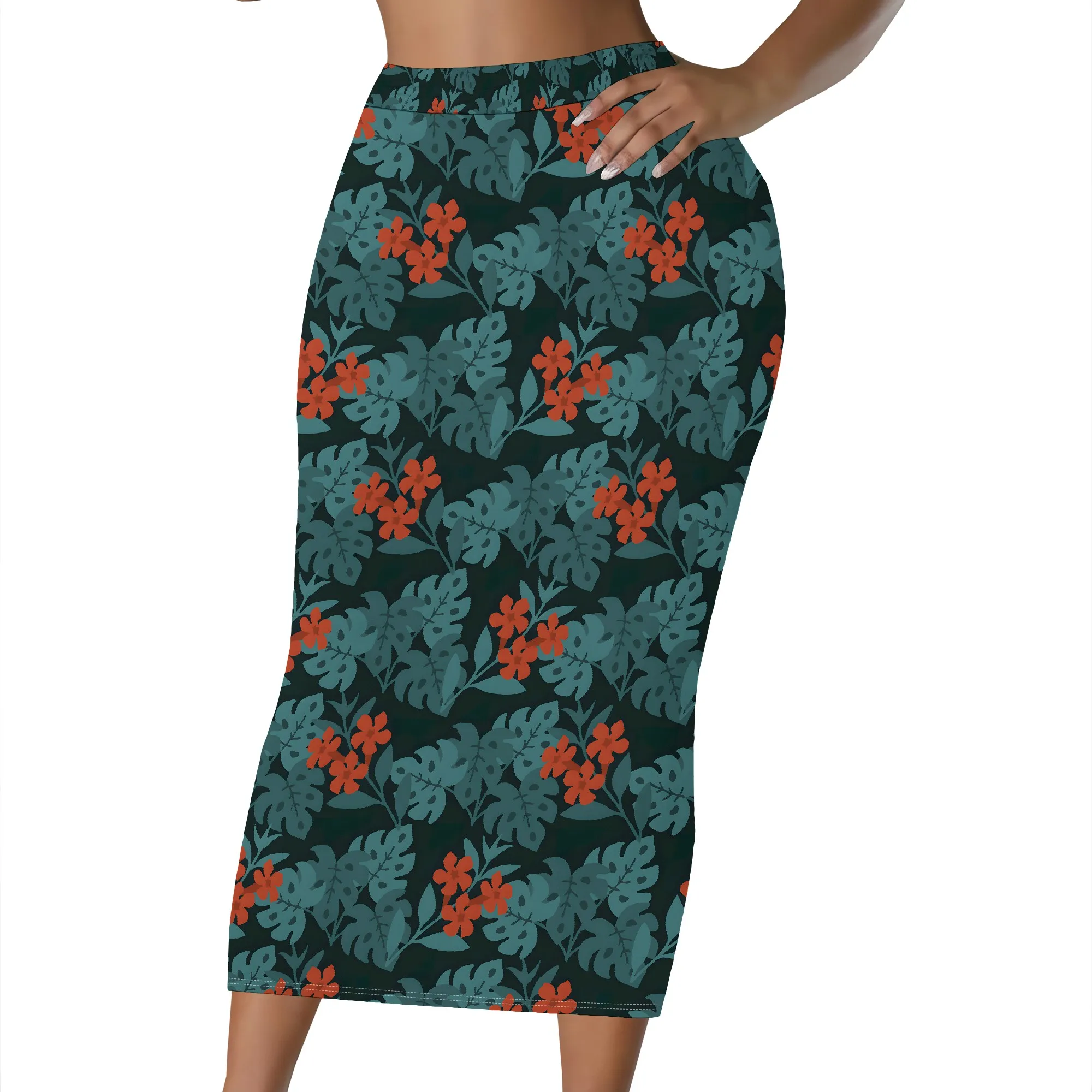 Tropischer Blumenmuster-Bleistiftrock, Hochtaillierter Midirock, Figurbetonter Partykleid-Rock, Sommer-Strand-Urlaubsoutfit, S-2XL – Detail 1