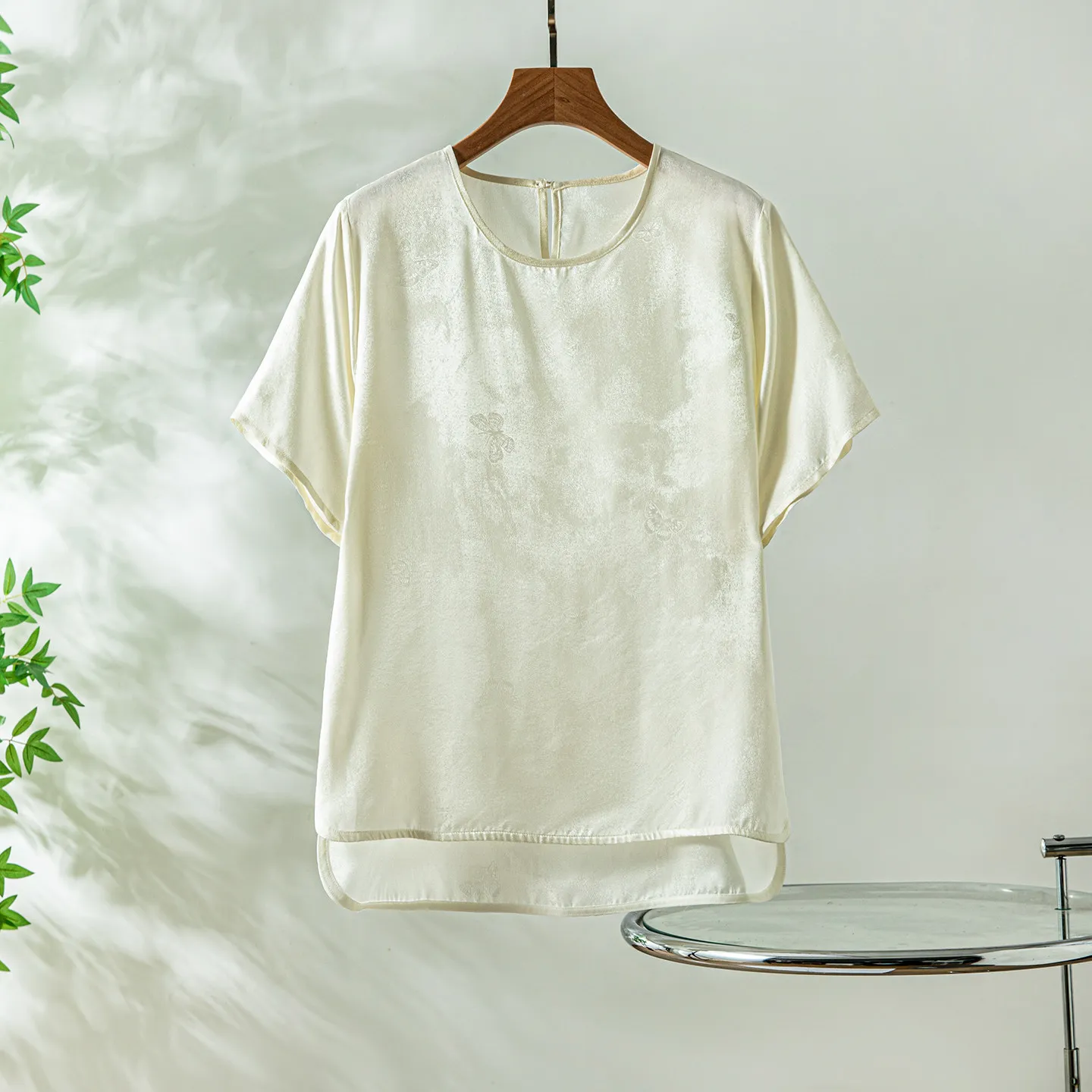 Winsleter-100%Real Silk Elegant T-Shirt, Short Sleeve Jacquard Satin, Women Versatile OL Commute Loose Top, 2026 Summer T64066CC