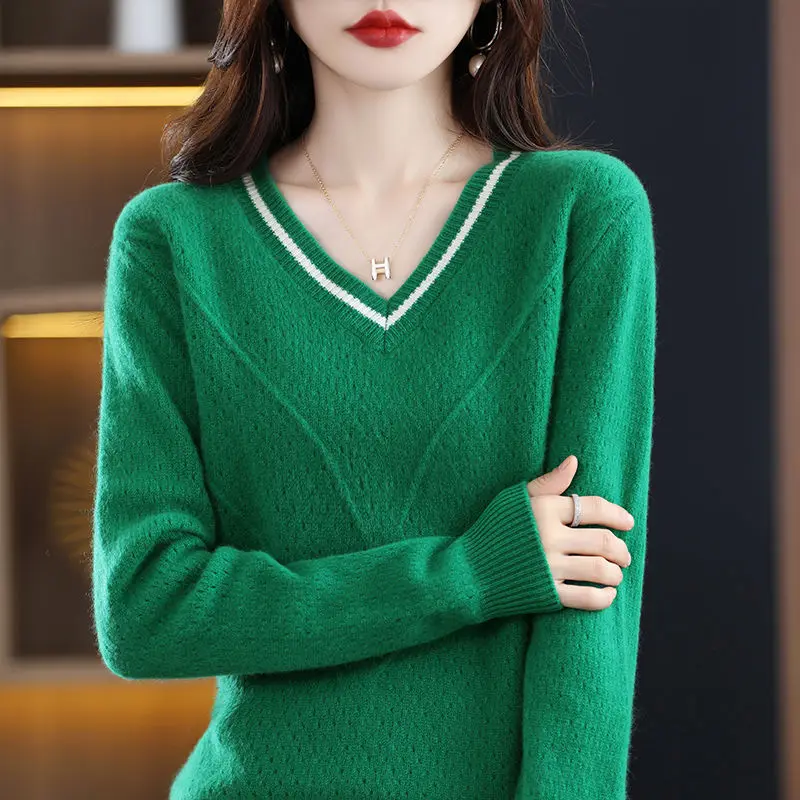 Autumn Winter Women's Clothing V-Neck Pullover Solid Color Sweater Knitted Long Sleeve Casual Sweet Elegant Screw Thread Tops