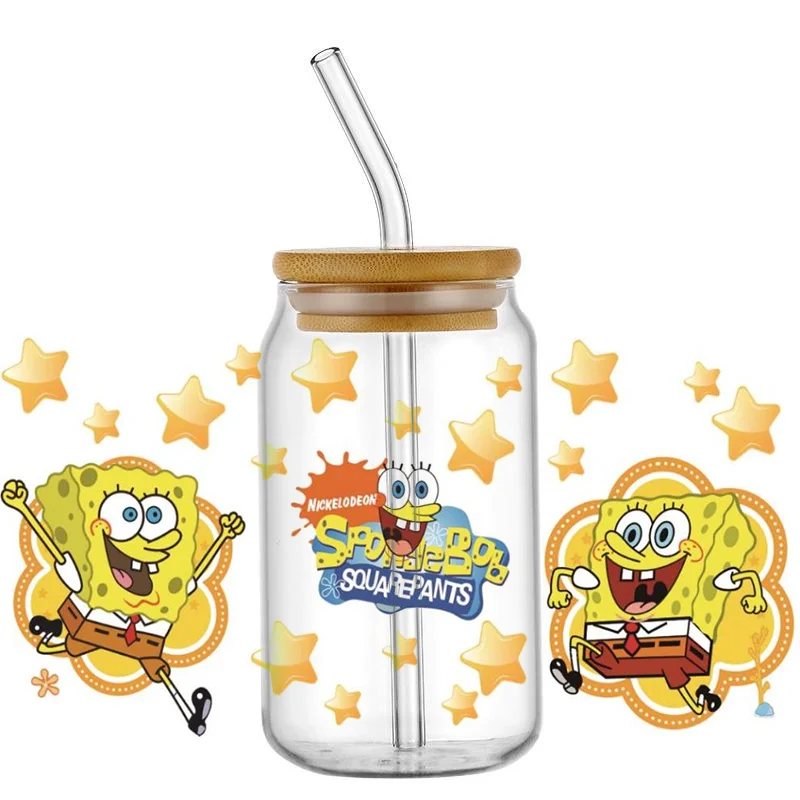 Cartoon Sponge Baby UV DTF Sticker For 16OZ Libbey Glass Cup Can Wrap Transfer Sticker Custom Labels DIY Logo