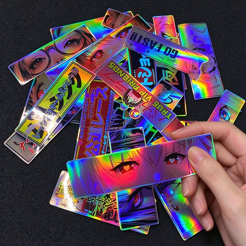 32PCS Motorcycle Stickers JDM Anime Girl Laser Rainbow Stickers Moto Bike Scooter Auto Body Fuel Tank Helmet Vinyl