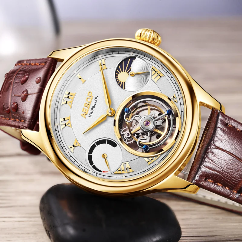 Aesop คู่มือ7001 Tourbillon การเคลื่อนไหวสังเคราะห์แซฟไฟร์คริสตัลสแตนเลสหนังแท้สะดวกสบายกันน้ำเรืองแสง