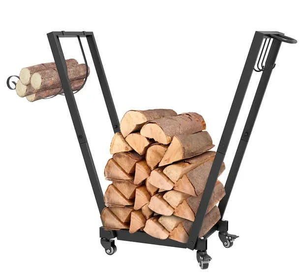

Outsunny Firewood Rack with Wheels, Metal Log Holder with Kindling and Tool , Indoor/Outdoor, 31.1" x 11.8" x 31.9", Black