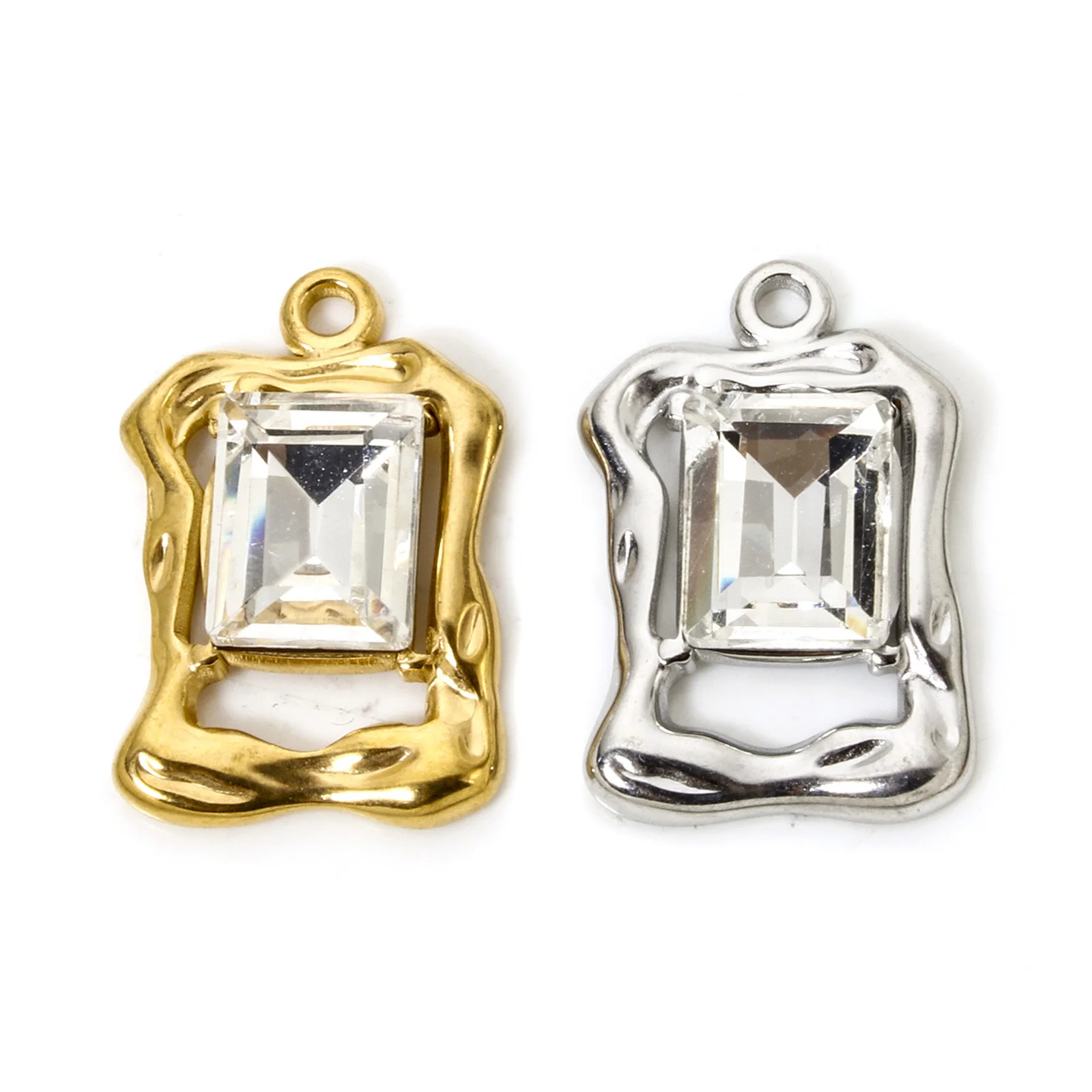 2pcs New Stainless Steel Charms Multicolor Rectangle Clear Rhinestone Pendants DIY Necklace Earrings Jewelry Findings 23mmx15mm
