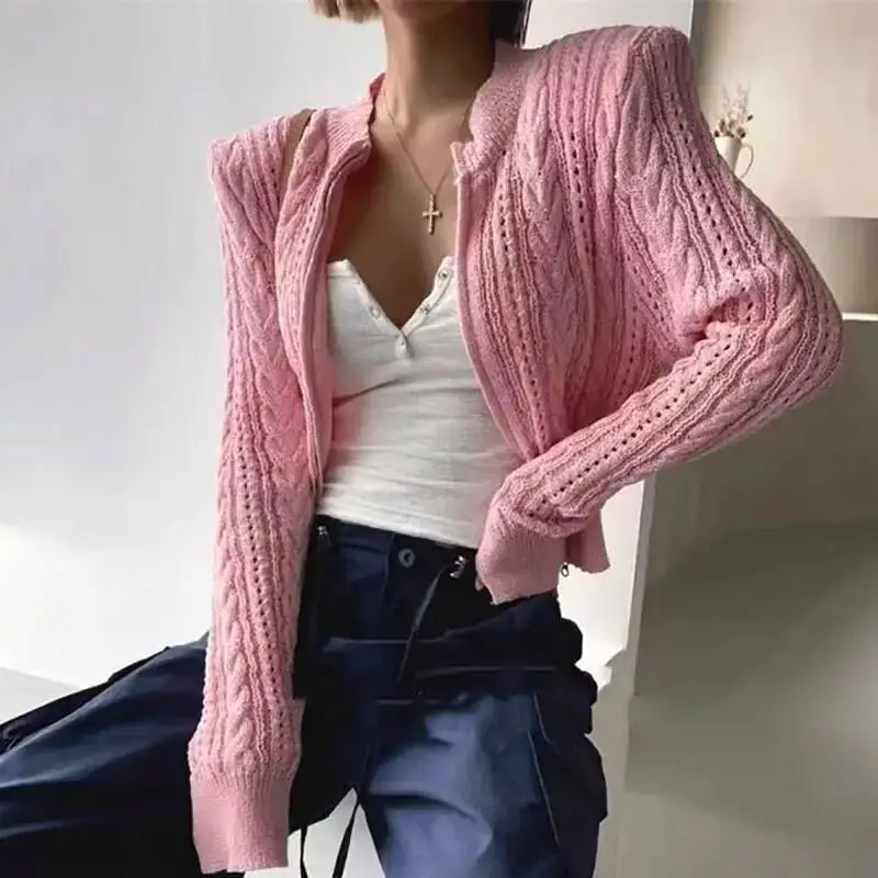 Chaquetas tipo cárdigans con cuello levantado para mujer, abrigos lisos de manga larga con hombreras informales de punto con cremallera elegante