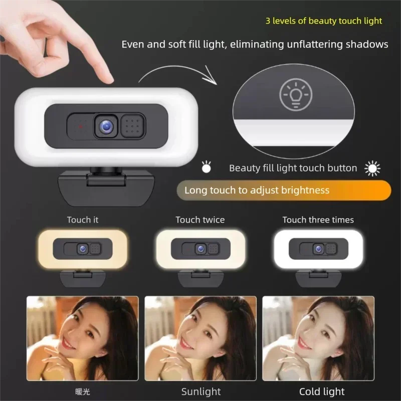 Webcam 4K 2K with Fill Light Portable Webcam for PC Autofocus HD 1080P Computer Camera with Microphone for Streaming/Video