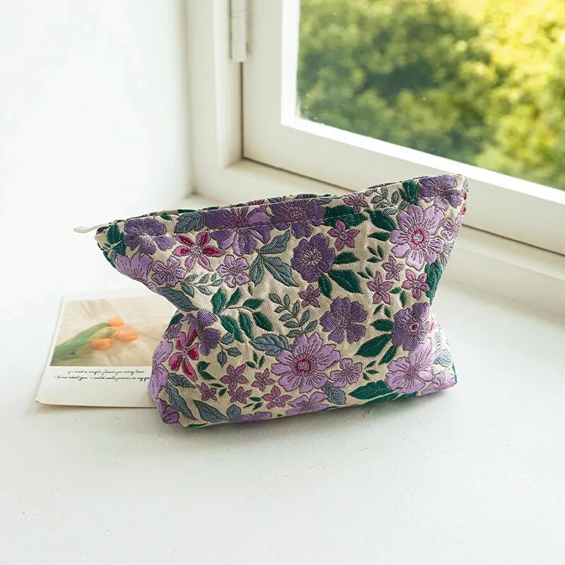 Borsa cosmetica da donna viola fiori retrò borsa da viaggio per rossetto cosmetico di grande capacità borsa da toilette da viaggio borsa di stoffa