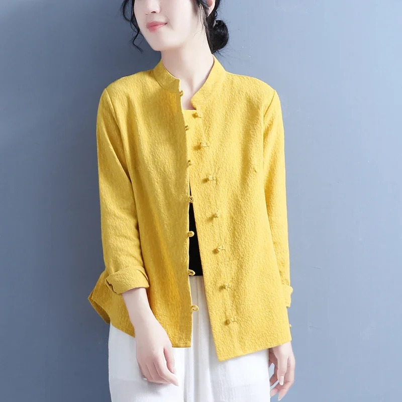 

Women's Chinese Style Cotton Linen Shirt Long Sleeve Retro Jacquard Stand Collar Frog Button Loose Blouse S-XXL