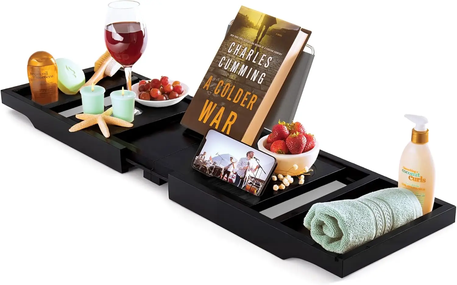 

Foldable Expandable Bamboo Bathtub Tray with Wine Holder, Book & Tablet Stand - Spa Accessories