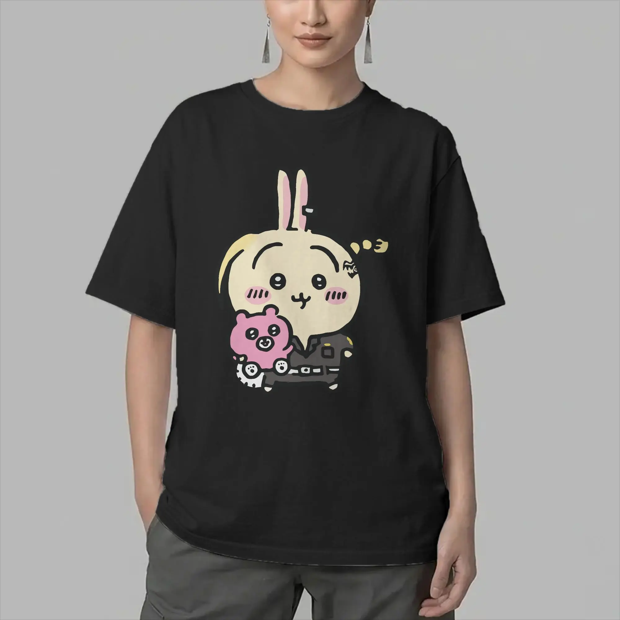 Men T-Shirt Cartoon Chiikawas Usagi Vintage Pure Cotton Tees Short Sleeve  T Shirts Round Collar Clothing Summer