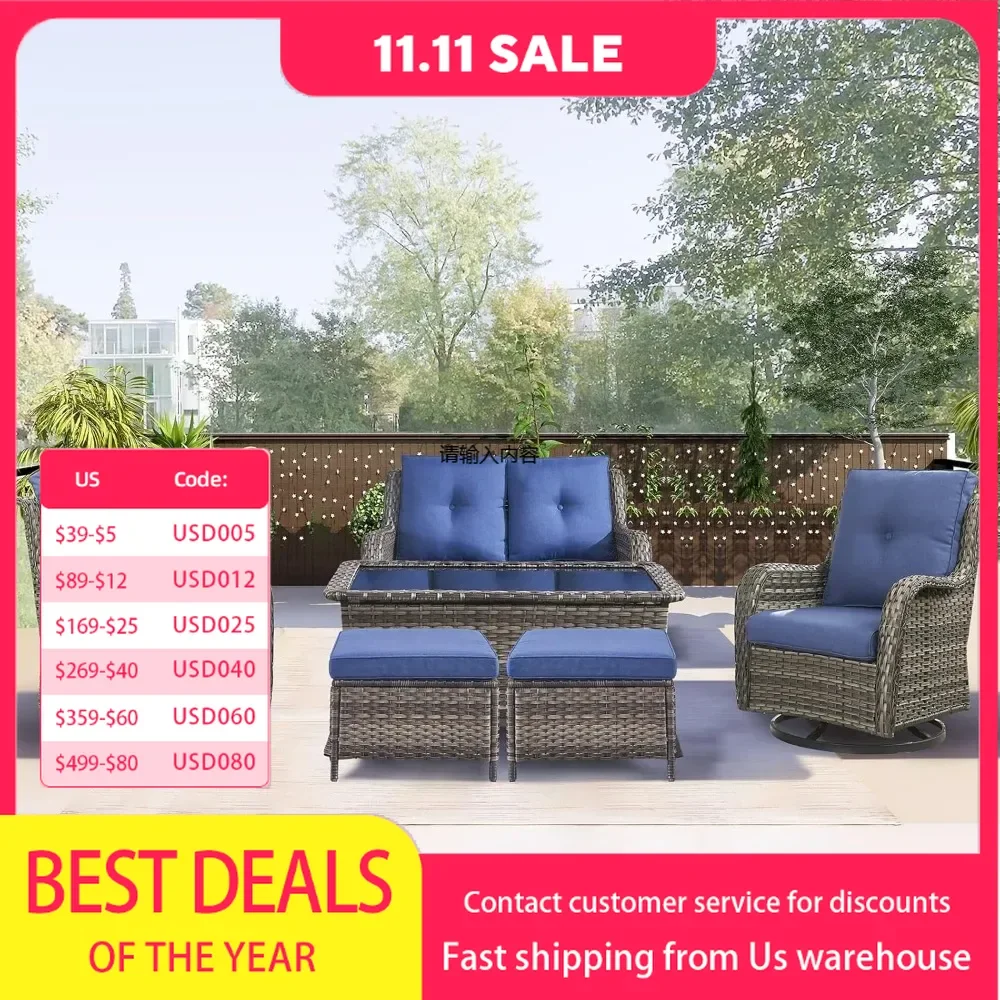 6 Piece Patio Furniture Set with 2 Swivel Rocking Chairs, 2 Ottomans, 1 Double Seating and 1 Coffee Table for Garden, Backyard