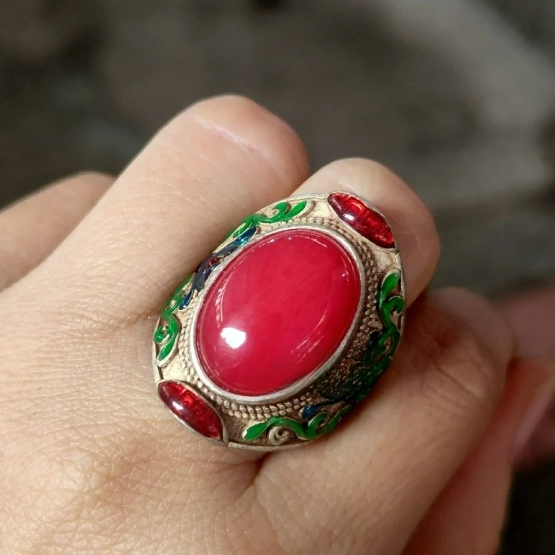 Vintage Old Silver Open Ring, Inlaid Retro Jade Cabochon, Retro Craft Thumb Ring Jewelry