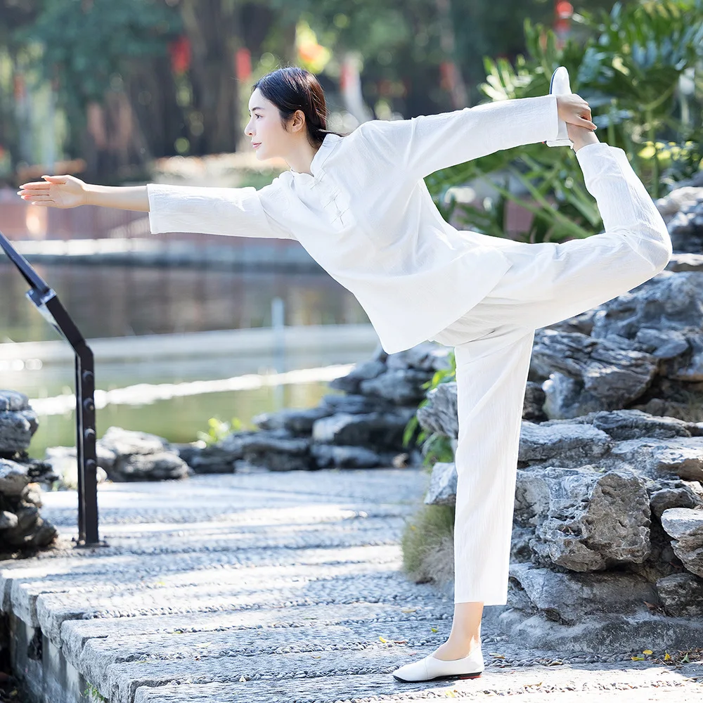 Conjuntos de ropa de Yoga para mujer, ropa de meditación de lino y algodón, uniformes de Kung Fu, traje de Tai Chi Wing Chun, camisa y pantalones, chándal de 2 piezas