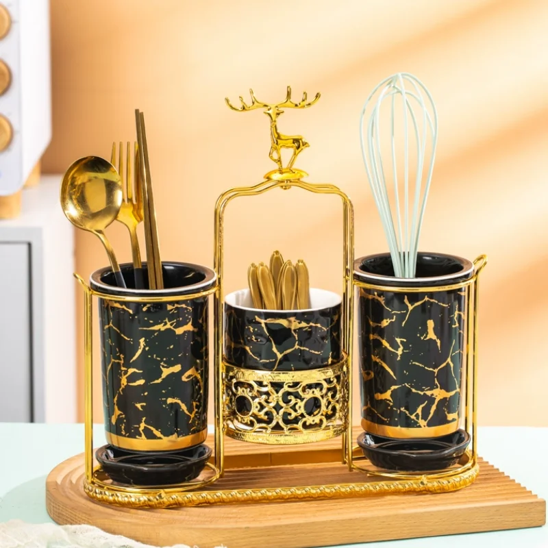 Kitchen Storage Tool, Quick Drainage Ceramic Chopstick Tube, Golden Deer Drainage Chopstick Storage Box, Storage Container