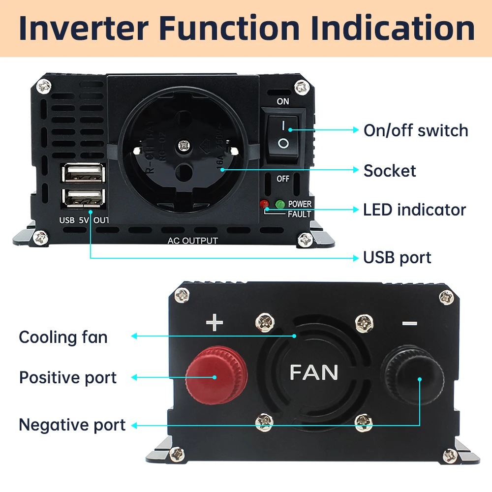 Convertidor de onda sinusoidal pura de 1000W y 1500W para coche, transformador Solar portátil de cc 12V a CA 220V con carga USB, enchufe de la UE