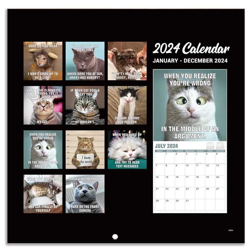 Calendário de parede com Funny Cat, Gag Gift, 2022, janeiro 2024-dezembro 2024