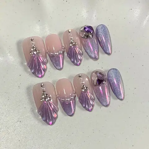 24pcs Purple Cat Eye Almond Press on Nails French Removable Nail Art with 3D Love Star Rhinestone Design Pearl False Nails 네일팁