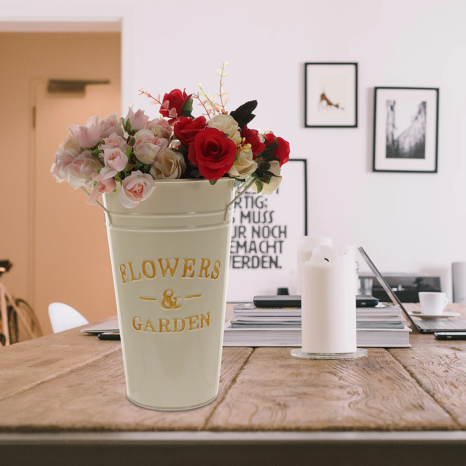 Balde de flores de ferro com bordas suaves, recipiente de plantas multiuso para cortar flores, vasos de flores de jardim ao ar livre, exibição de escritório doméstico
