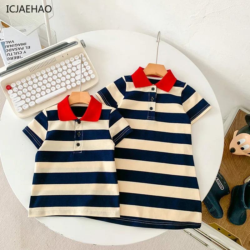 2025 New Parent-child Dress For A Family Of Three Westernized Summer Tourism Mother-daughter Striped Dress T-shirt Holiday