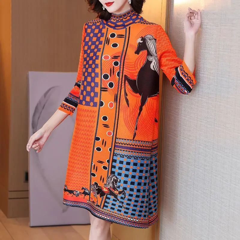 Dress printed pleated clothes for autumn 2023 fashion Slight Strech Loose Fit Long one-piece dress gown