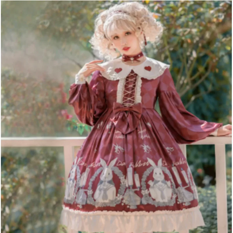 Kawaii Girl Gothic Lolita Op Palace Princess Sweet Lolita Dress Vintage Turn-down Collar Bowknot Cute Printing Victorian Dress