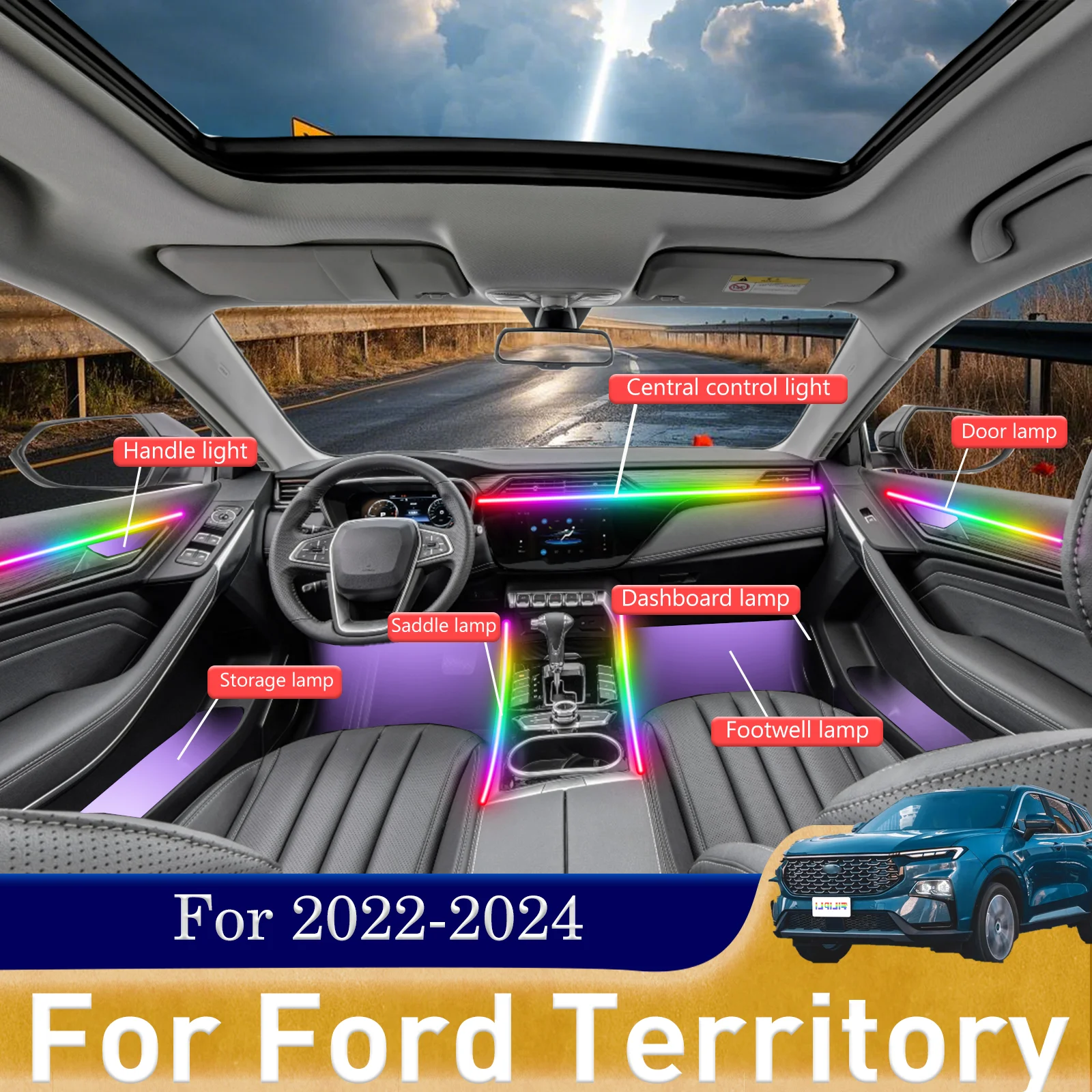 10 In1 for Ford Territory SX SY SZ Car LED Ambient Lamps Colorful Atmosphere Lights Auto Interior Neon Strip 64 RGB Lighting APP