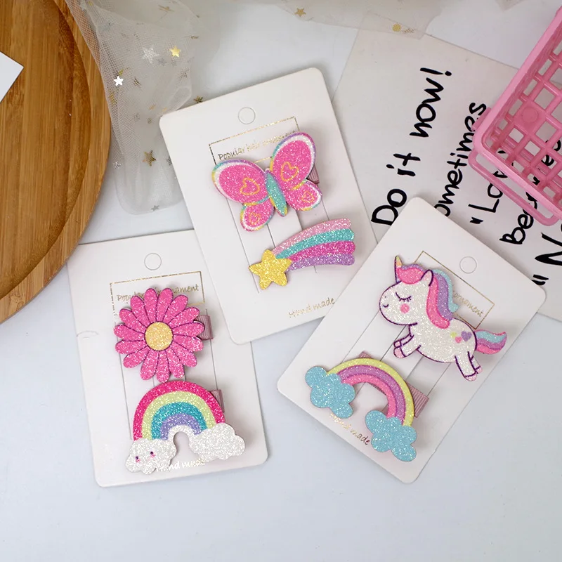 2pcs Korean Kawaii Glitter Hairpins for Girls Cartoon Unicorn Rainbow Floral Sparkling Hair Clips Kids Headwear Hair Accessories