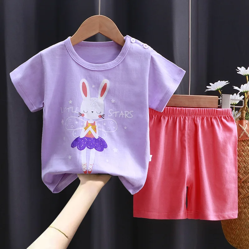 Summer New Kids Casual Pajamas Cute Cartoon Print Short Sleeve T-Shirt Tops with Shorts Toddler Baby Boys Girls Clothing Sets