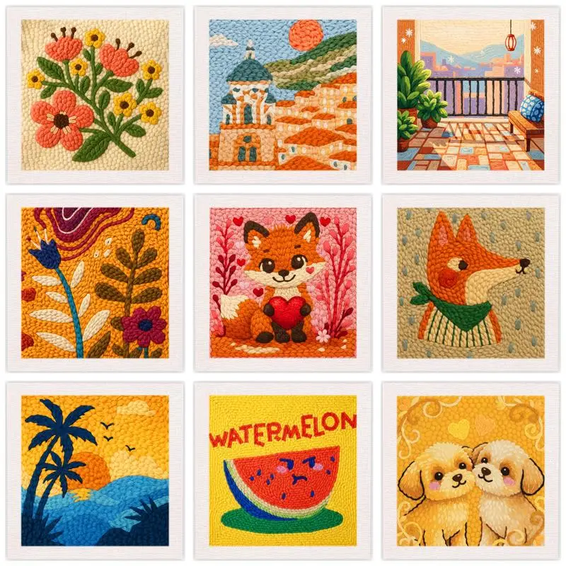 

25x25cm Punch Needle Embroidery Starter Kits With Frame For Beginner Flower pattern Needlework Supplies Embroidery Yarn Painting