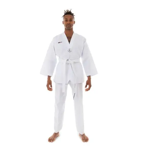 SMAI White V-Neck TKD UNIFORM CLASSIC - 8OZ RIBBED STUDENT DOBOK Unisex White Collar Taekwondo Training Uniforms for beginners