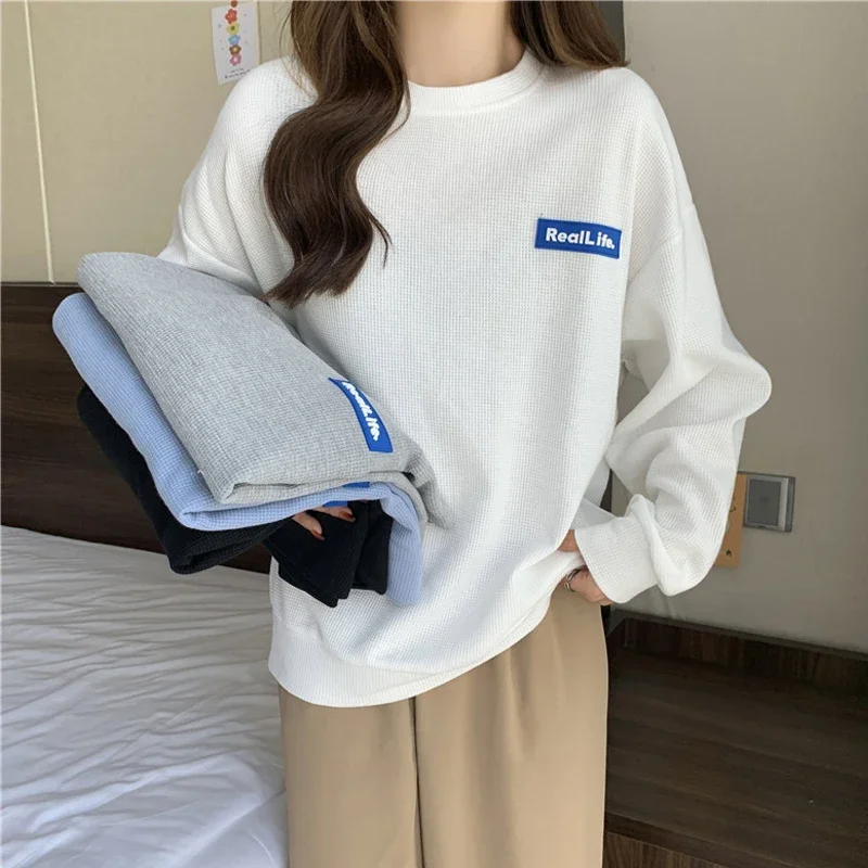 

Korean casual Long Sleeve waffle y2k Tops spring autumn Hoodies letters Oversized Sweatshirt Women Harajuku Pullovers Streetwear