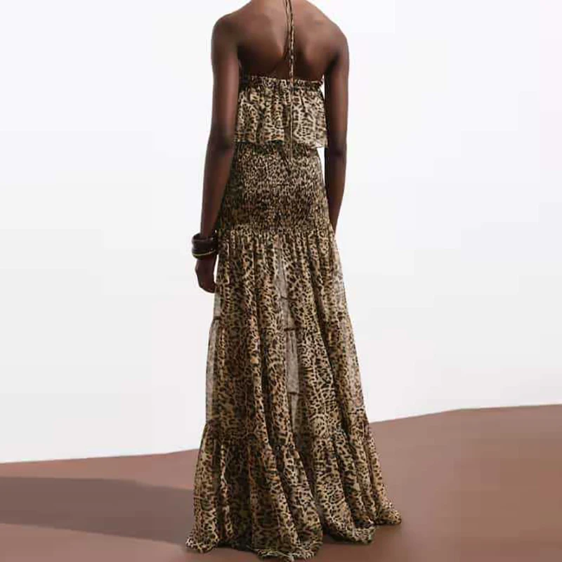 Sexy leopardo impressão fora do ombro maxi vestido elegante feminino plissado sem costas praia vestidos longos casual sem mangas verão bohe vestido