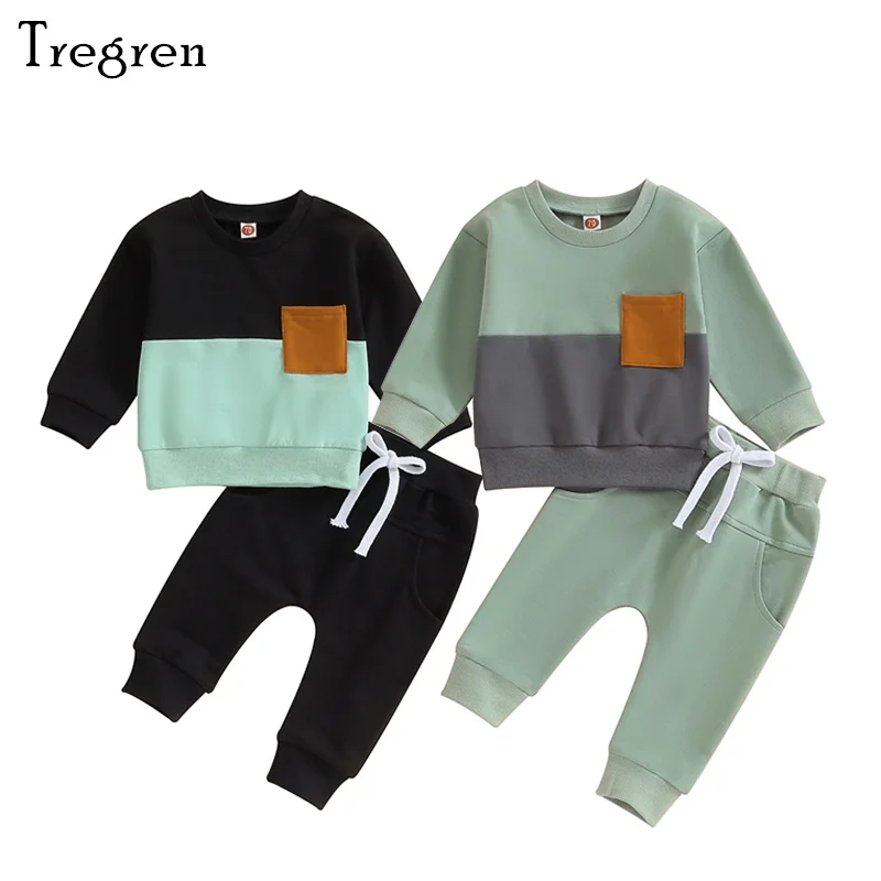 

Tregren 0-3Y Toddler Baby Boys Autumn Clothes Sets Long Sleeve Contrast Color Sweatshirt Tops Drawstring Pants 2pcs Kids Outfits