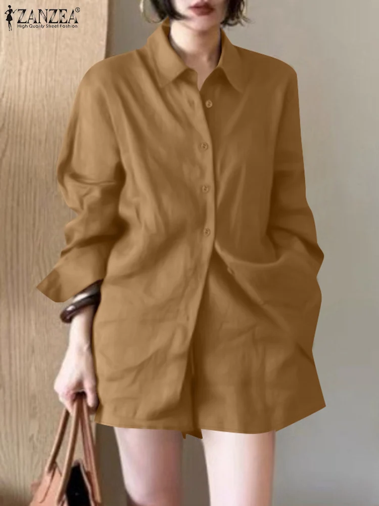 ZANZEA Casual 2025 Primavera Verano 2 uds conjuntos cortos pantalones cortos de cintura elástica para mujer camisas largas de manga larga trajes de 2 piezas de Color sólido