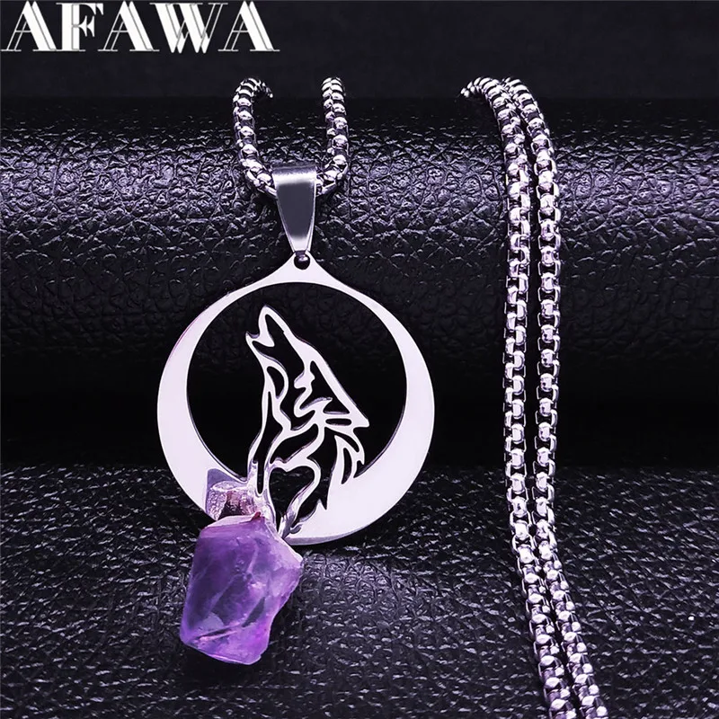 القمر الذئب الطبيعي الأرجواني كريستال قلادة من الفولاذ المقاوم للصدأ الحيوان قلادة قلادة النساء/الرجال المجوهرات cadenas mujer N7096S02