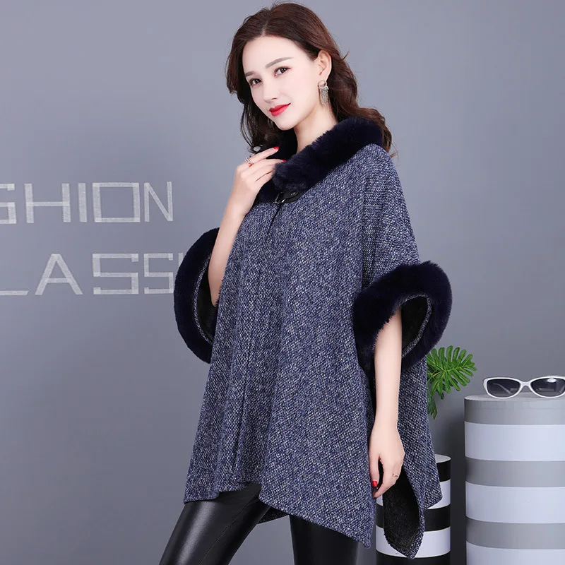 

New Europe America New Imitation Otter Rabbit Fur Collar Hooded Imitation Cashmere Loose Ponchos Women Capes Coffee Cloak Wh2