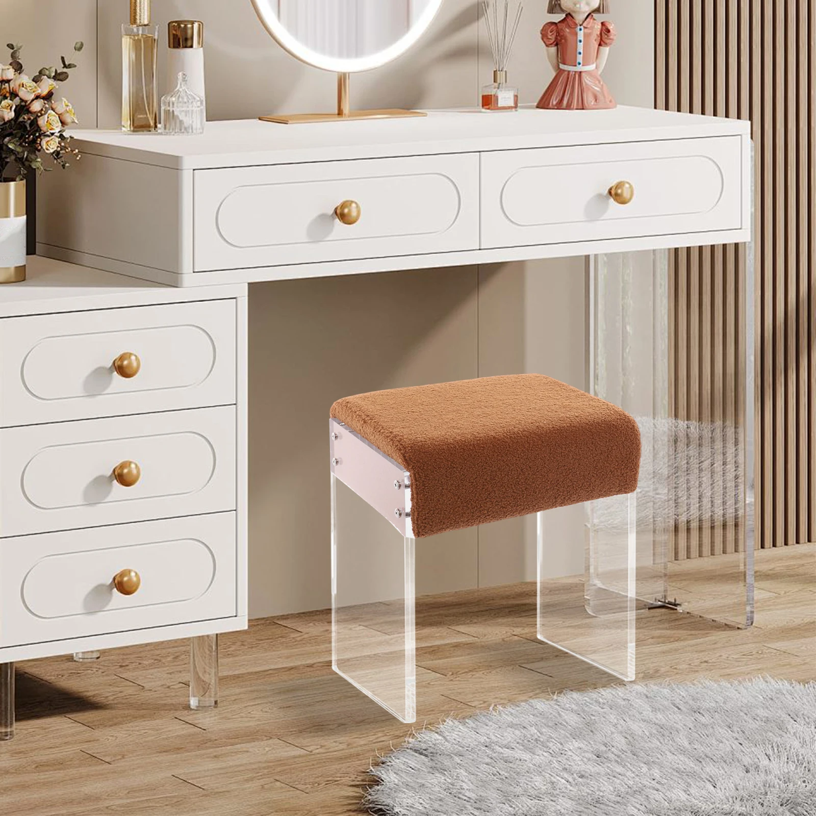 

Коричневый акрил 16,53x11,41x17,71" косметический табурет с подшипником-подушкой 441 фунтов Простой многофункциональный низкий табурет