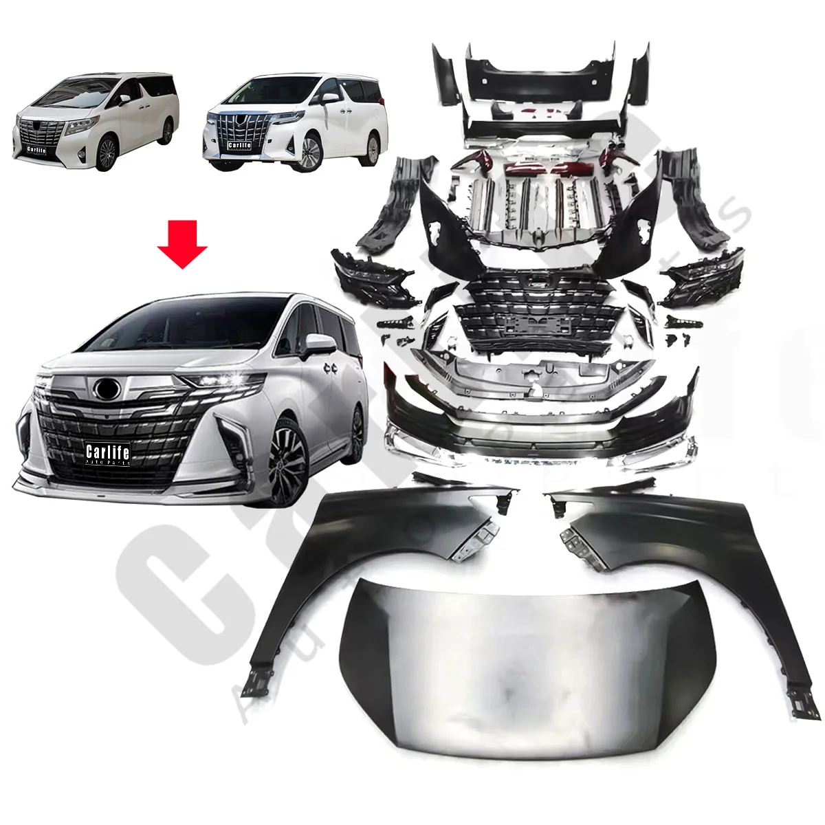 Auto parts for Toyota Alphard 30/35 series facelift to 40 series 2024+ style include front rear bumpers headlights rear lamps