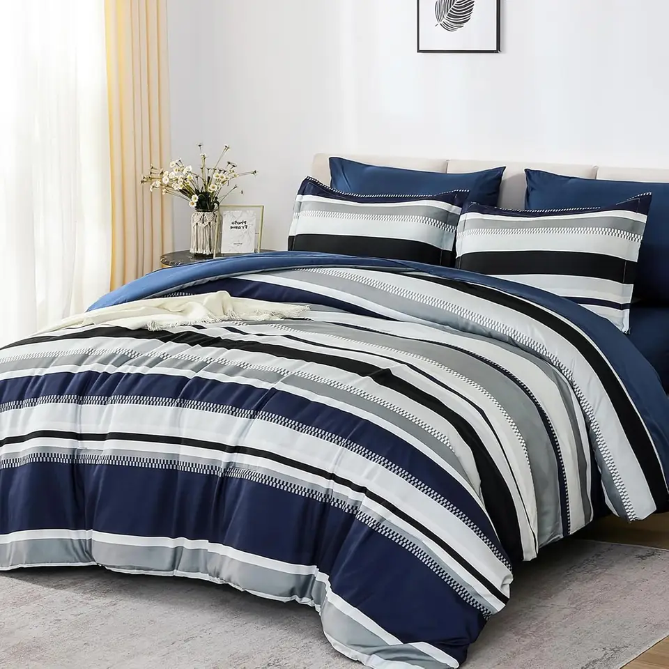 Navy Blue Striped Queen Comforter Set 7 Pieces